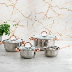 Cazuelas, Sartenes Y Hervidores>Batería Cocina 4 Pzas Inox C/Asas Bronce