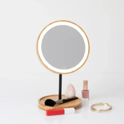 5five Espejos>Espejo redondo led con soporte de bambú