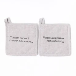Delantales, Asas Y Paños>Juego de 2 agarradores con frase taupe de algodón