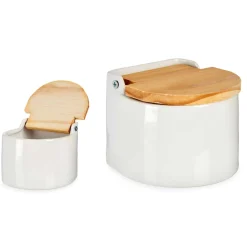 Vinagreras, Azucareros, Saleros Y Pimenteros>Salero Blanco Cerámica Tapa Madera 550Ml