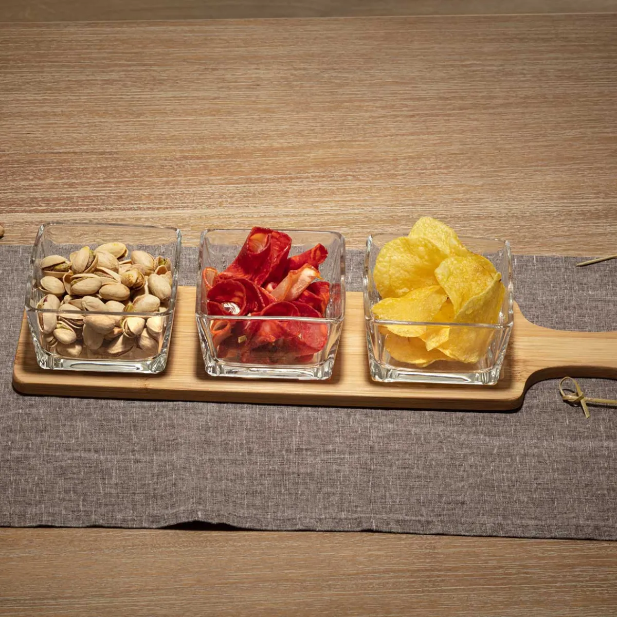 secret d'gourmet Degustación>Set 3 Cuencos Vidrio Con Tabla De Bambú