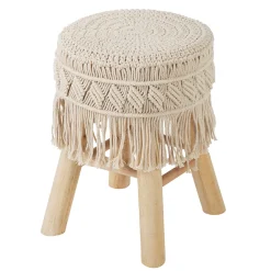 atmosphera Puff Y Banquitos|Estilo Étnico>Taburete De Macramé Patas Madera 32x42Cm